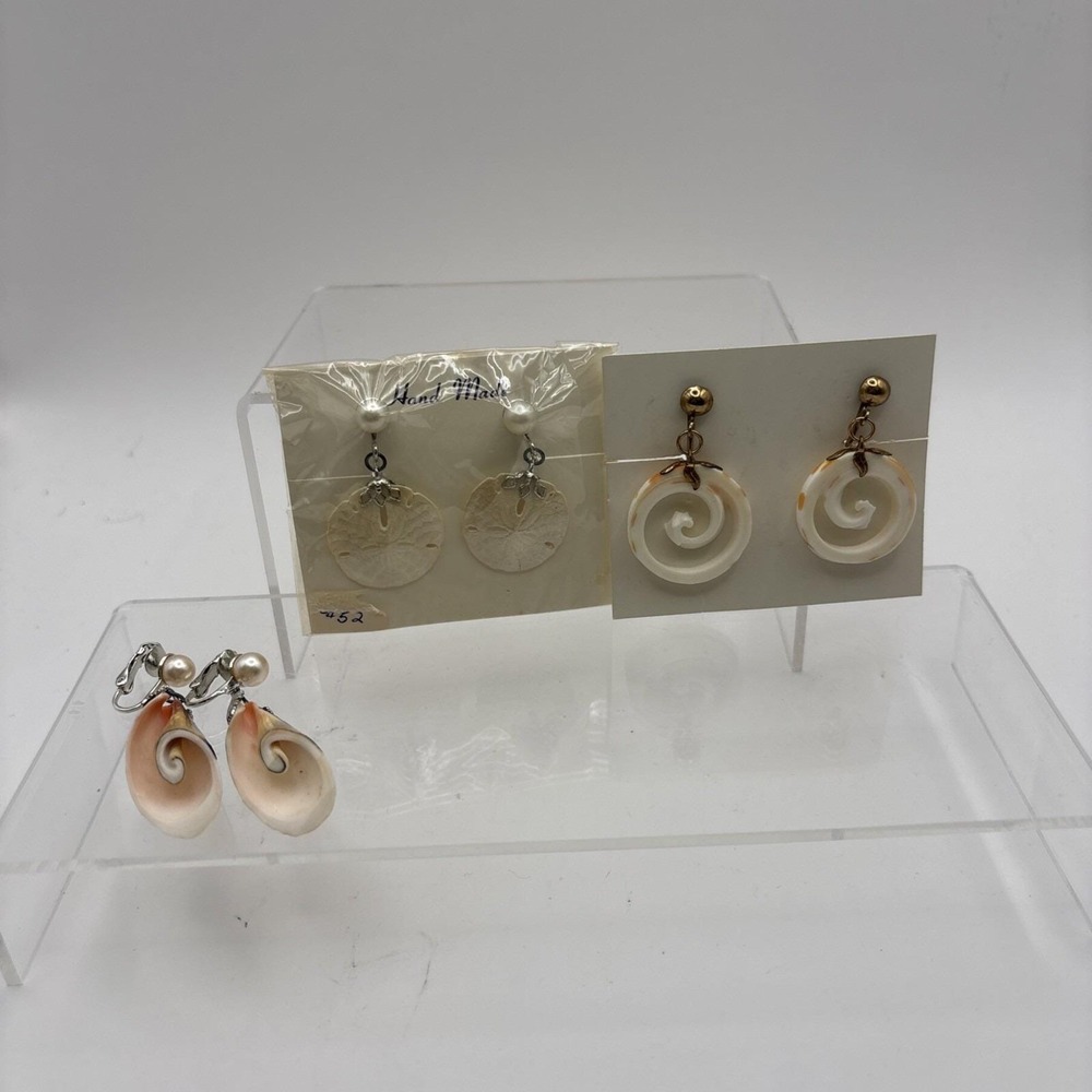 Vtg~Real Sea‎ Shell~Clip-ON Dangle Earrings~Set of 3